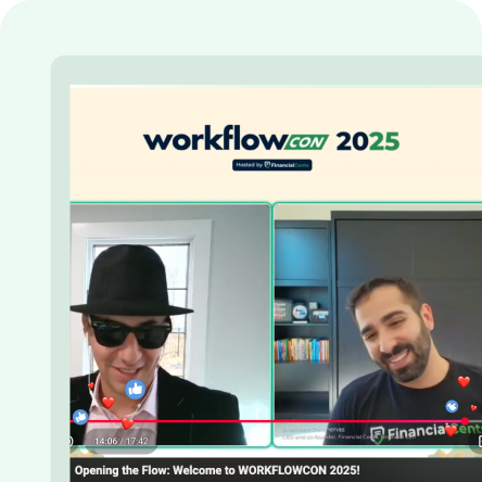 WorkflowCon 2025 opening session: Opening the Flow, featuring two speakers in a split-screen video call